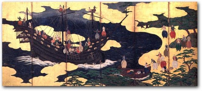 Arrivée au XVIIe siècle de bateaux étrangers à Nagasaki, ville japonaise située sur la côte nord-ouest de l’île de Kyushu. CC 2.0 Arrivée au XVIIe siècle de bateaux étrangers à Nagasaki, ville japonaise située sur la côte nord-ouest de l’île de Kyushu. CC 2.0