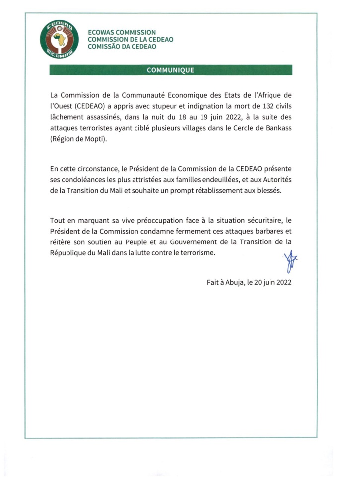 132 civils tués au centre du Mali: La CEDEAO réagit 132 civils tués au centre du Mali: La CEDEAO réagit