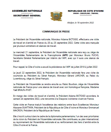 Côte d'Ivoire : Le Président de l'Assemblée nationale, Monsieur Adama BICTOGO, sera en France du 20 au 25 septembre 2022 : Le Communiqué de Presse