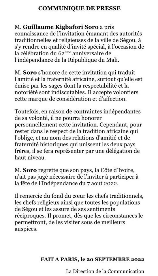 An 62 du Mali: Invité d'honneur des autorités de Segou, Soro décline l'offre An 62 du Mali: Invité d'honneur des autorités de Segou, Soro décline l'offre