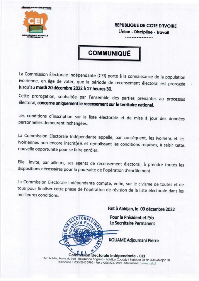 COTE D’IVOIRE : CEI – Prolongation de la période de révision de la liste électorale, la diaspora n’est pas concerné