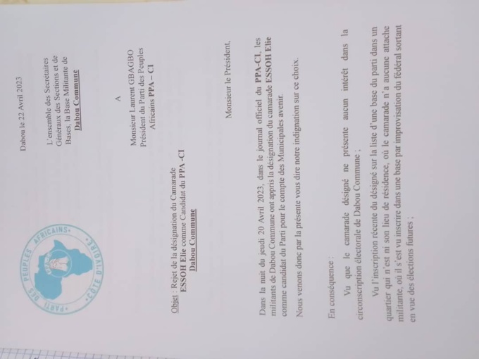 Des militants protestent contre le choix d'un candidat du Ppa-Ci. Ce qu'ils envisagent de faire Des militants protestent contre le choix d'un candidat du Ppa-Ci. Ce qu'ils envisagent de faire
