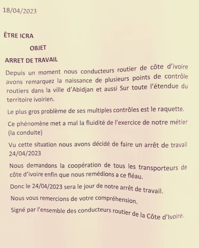 Une copie de l'appel à des manifestations d'un groupe de conducteurs