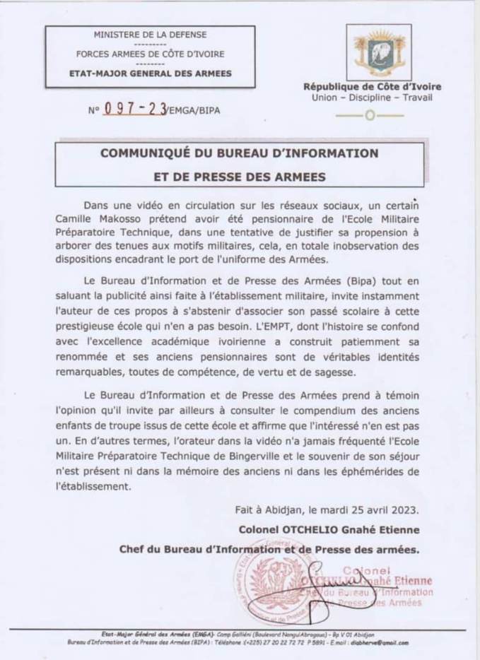 Le communiqué produit par le Bipa