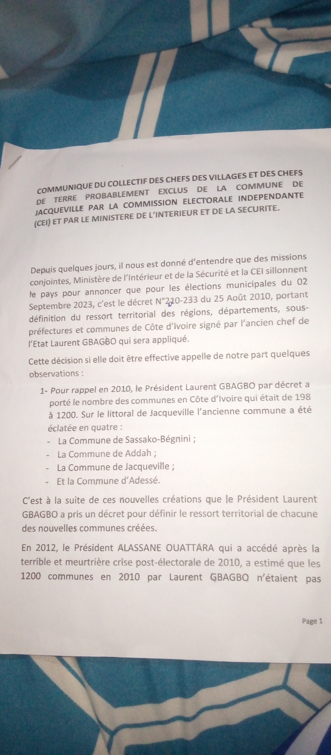 Élections municipales/ Les chefs de terres et des villages de Jacqueville en colère. Élections municipales/ Les chefs de terres et des villages de Jacqueville en colère.