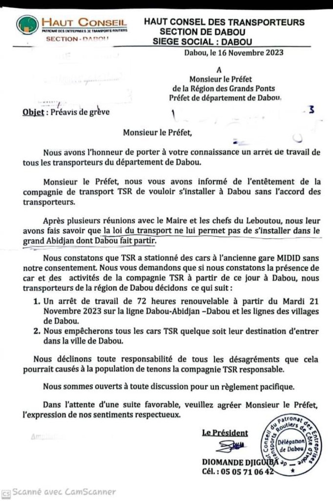 Le courrier adressé au préfet annonçant le préavis de grève Le courrier adressé au préfet annonçant le préavis de grève