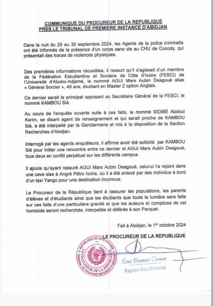 Fesci/ Après le meurtre d'un étudiant, Kambou Sié (Sg Fesci) sur la sellette/Le gouvernement interdit toutes les activités des étudiants.