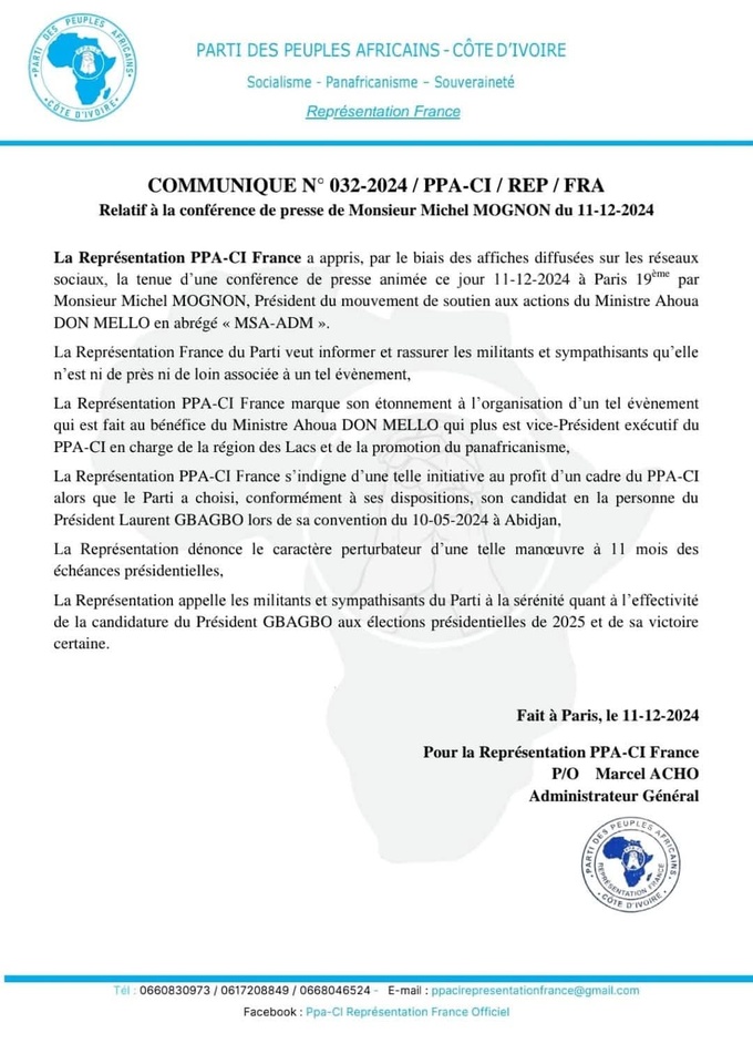 Au lancement de son mouvement, M. Kore Moussa Michel MOGNON, président du MSA – ADM rassure : La représentation PPA-CI peut se tenir tranquille. Au lancement de son mouvement, M. Kore Moussa Michel MOGNON, président du MSA – ADM rassure : La représentation PPA-CI peut se tenir tranquille.