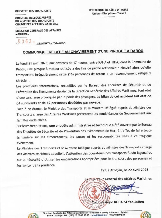 Mort de plusieurs villageois à bord d'une pirogue à Dabou/ La Dgamp réagit Mort de plusieurs villageois à bord d'une pirogue à Dabou/ La Dgamp réagit