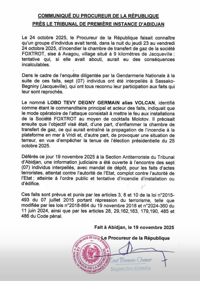 Jacqueville/Tentative d'incendie des installations gazière d' Avagou/ Les auteurs présumés mis aux arrêts.