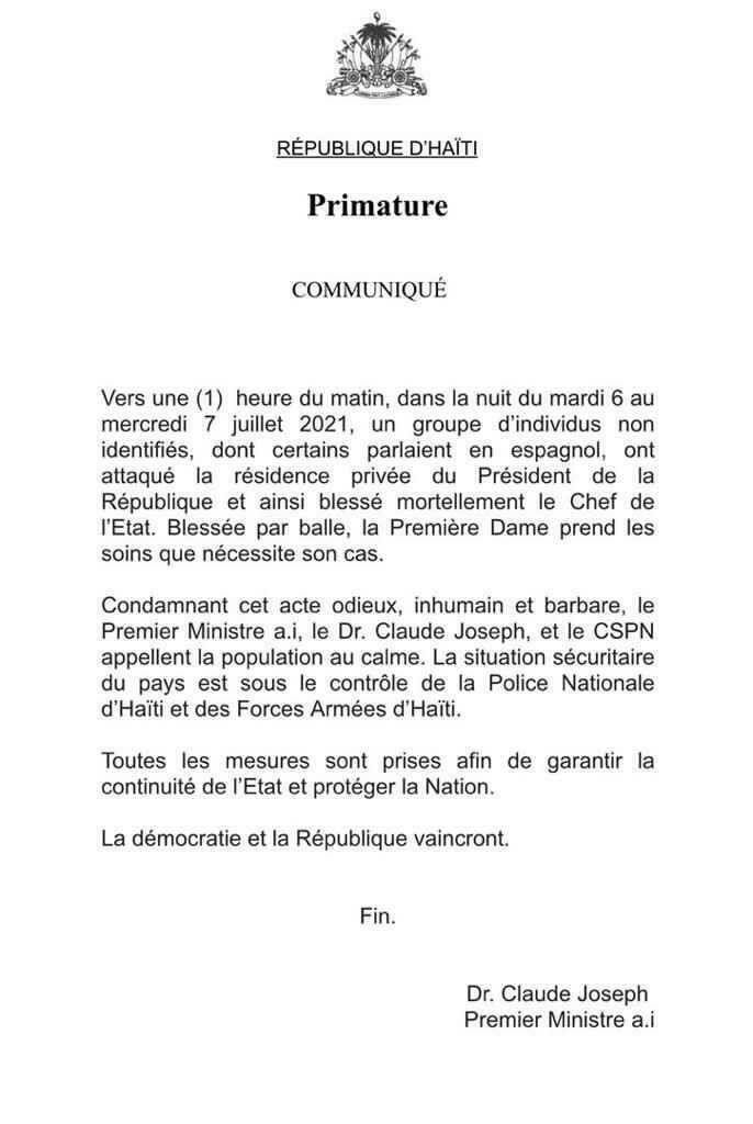 Communiqué du Premier ministre haitien annonçant l'assassinat du président Jovenel Moïse. © DR