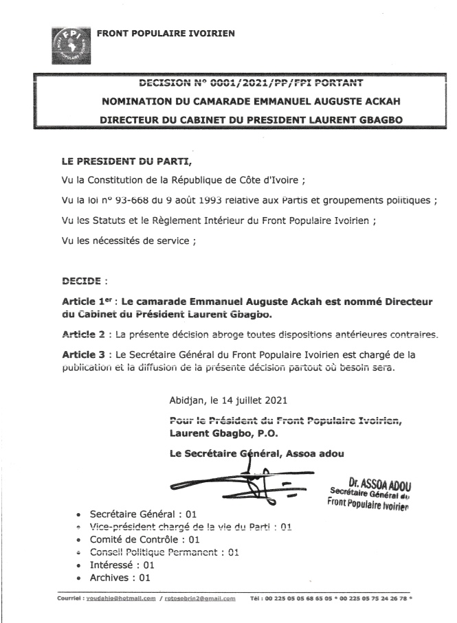 Communiqué de Assoa Adou, secrétaire général de la Branche dissidente du Front Populaire Ivoirien FPI