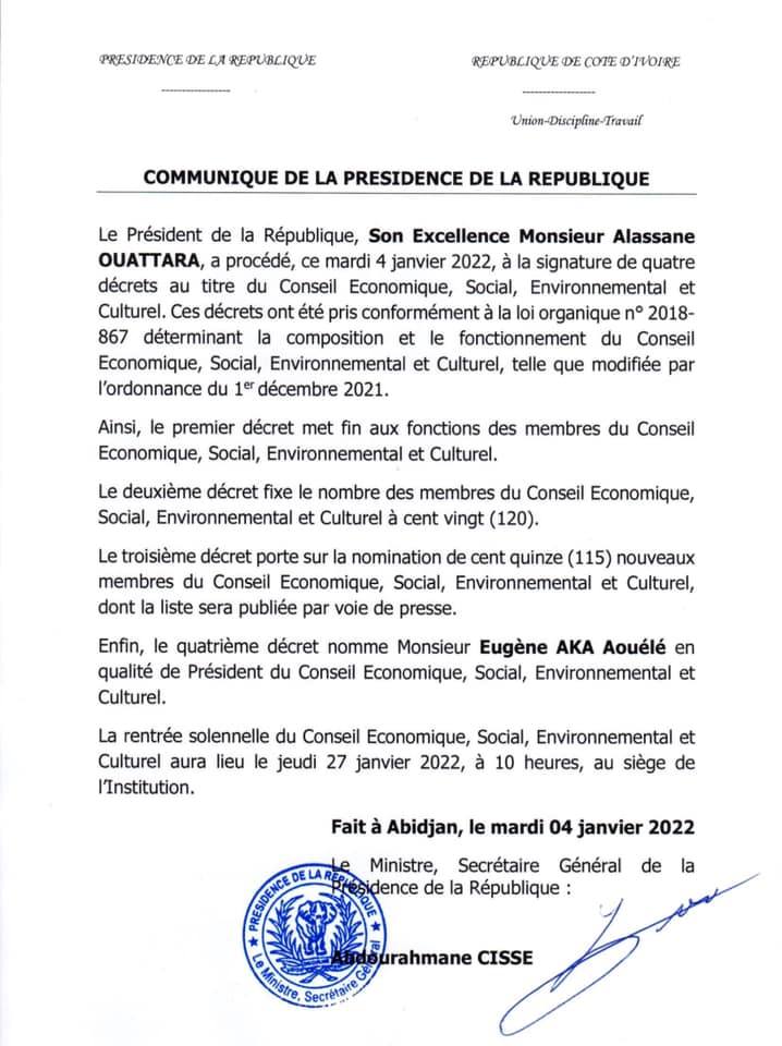 Conseil économique, social, environnemental et culturel : Venance Konan, Ibrahim Magassa, Jeanine Diagou.... nommés par Ouattara