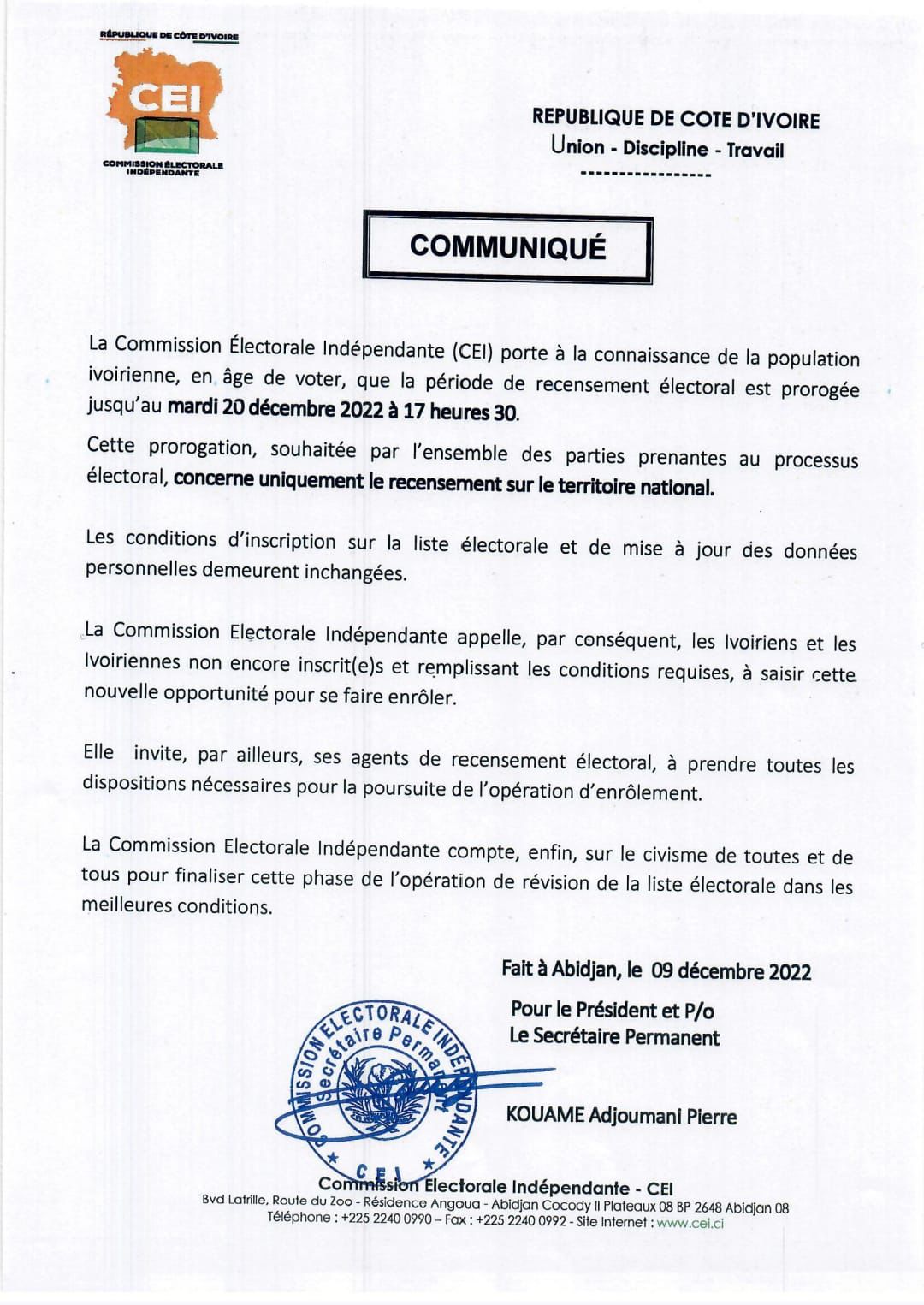 COTE D’IVOIRE : CEI – Prolongation de la période de révision de la liste électorale, la diaspora n’est pas concerné COTE D’IVOIRE : CEI – Prolongation de la période de révision de la liste électorale, la diaspora n’est pas concerné