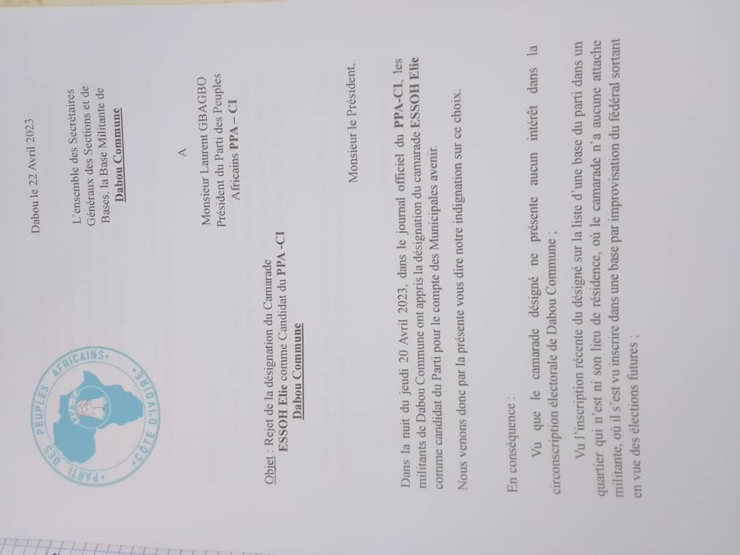 Des militants protestent contre  le choix d'un candidat du Ppa-Ci. Ce qu'ils envisagent de faire