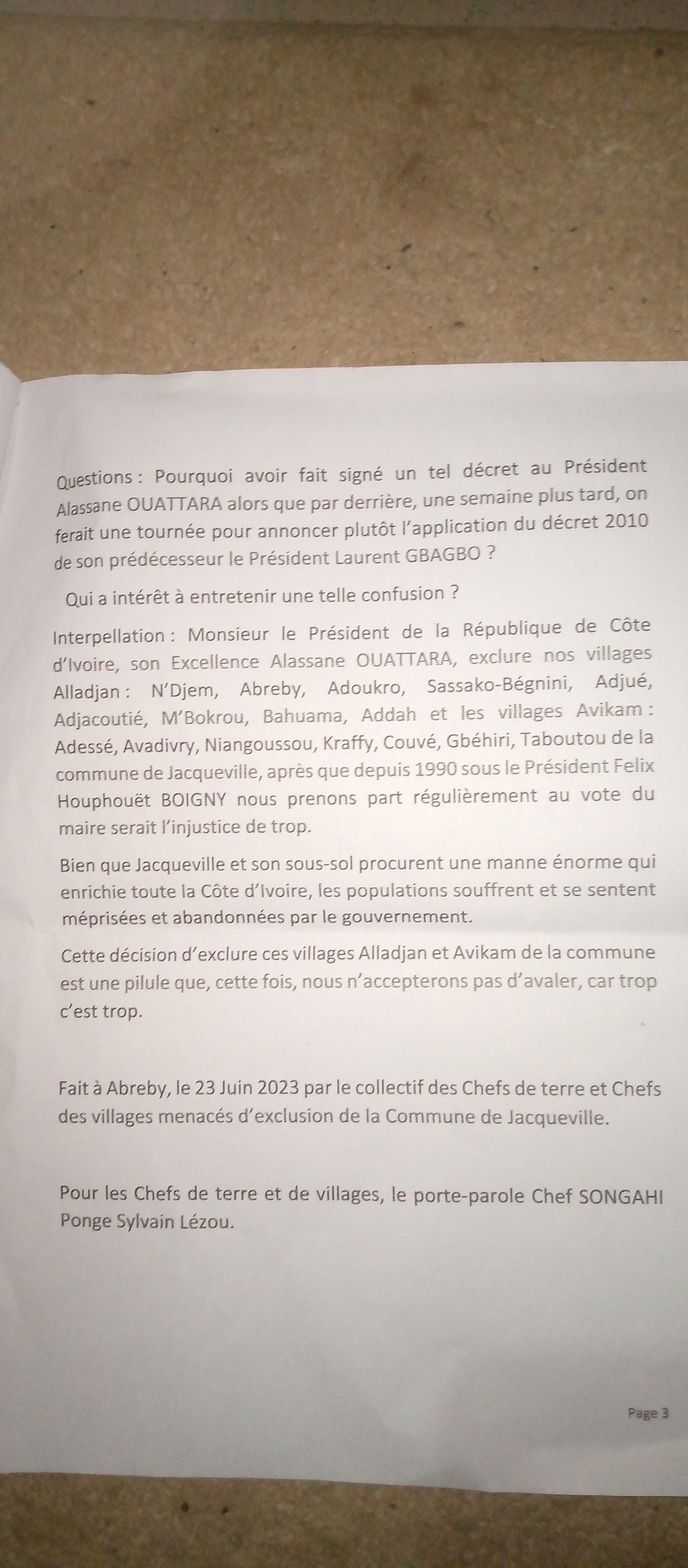 Un extrait de la déclaration