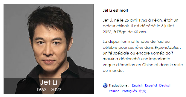 « Jet Li est mort » : l'acteur victime d'une rumeur sur la toile « Jet Li est mort » : l'acteur victime d'une rumeur sur la toile
