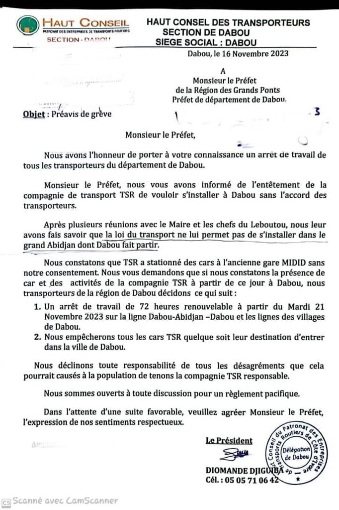 Le courrier adressé au préfet annonçant le préavis de grève Le courrier adressé au préfet annonçant le préavis de grève