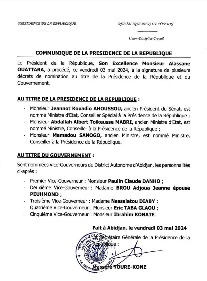 Plusieurs nominations à la présidence et au District autonome d'Abidjan/ Le prix du pardon?