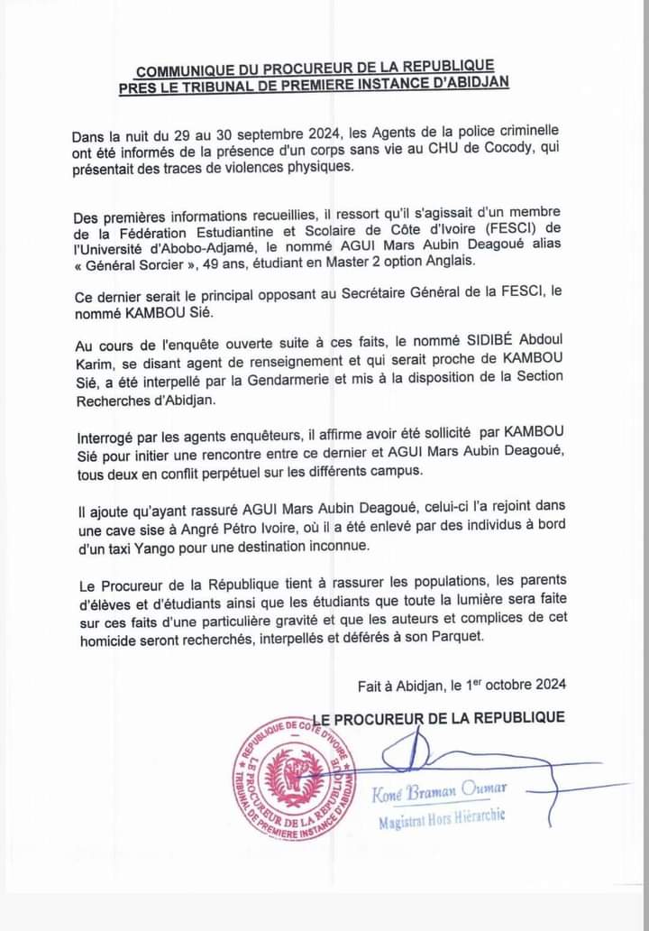 Fesci/ Après le meurtre d'un étudiant, Kambou Sié (Sg Fesci) sur la sellette/Le gouvernement interdit toutes les activités des étudiants.