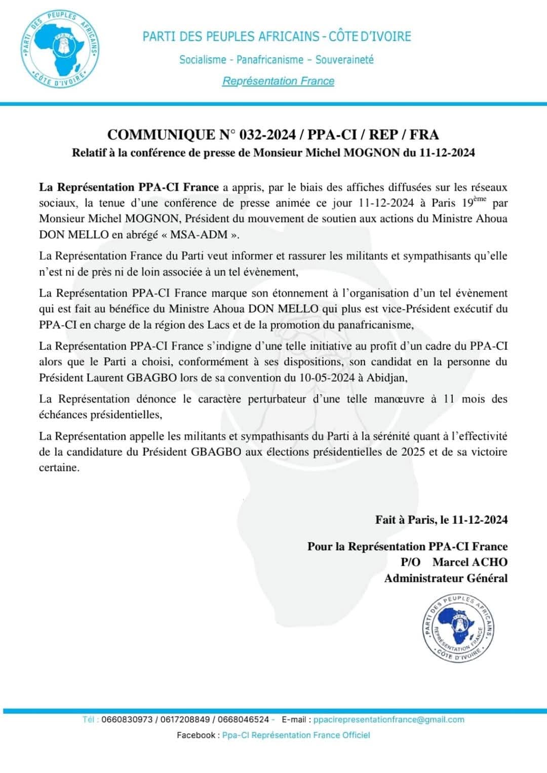 Au lancement de son mouvement, M. Kore Moussa Michel MOGNON, président du MSA – ADM rassure : La représentation PPA-CI peut se tenir tranquille. Au lancement de son mouvement, M. Kore Moussa Michel MOGNON, président du MSA – ADM rassure : La représentation PPA-CI peut se tenir tranquille.