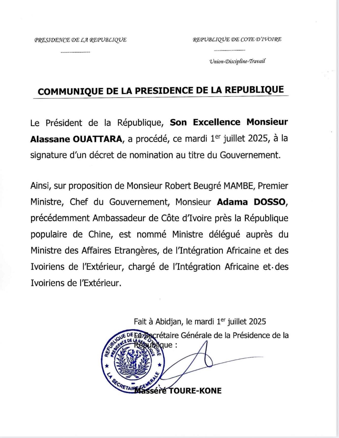 Gouvernement/ Ouattara nomme un nouveau ministre