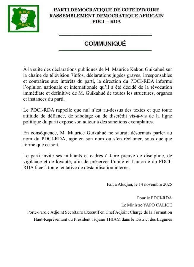 Crise au Pdci/ Le Pr Maurice K Guikahué révoqué