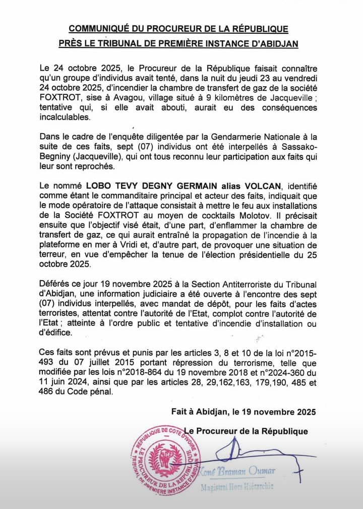 Jacqueville/Tentative d'incendie des installations gazière d' Avagou/ Les auteurs présumés mis aux arrêts.