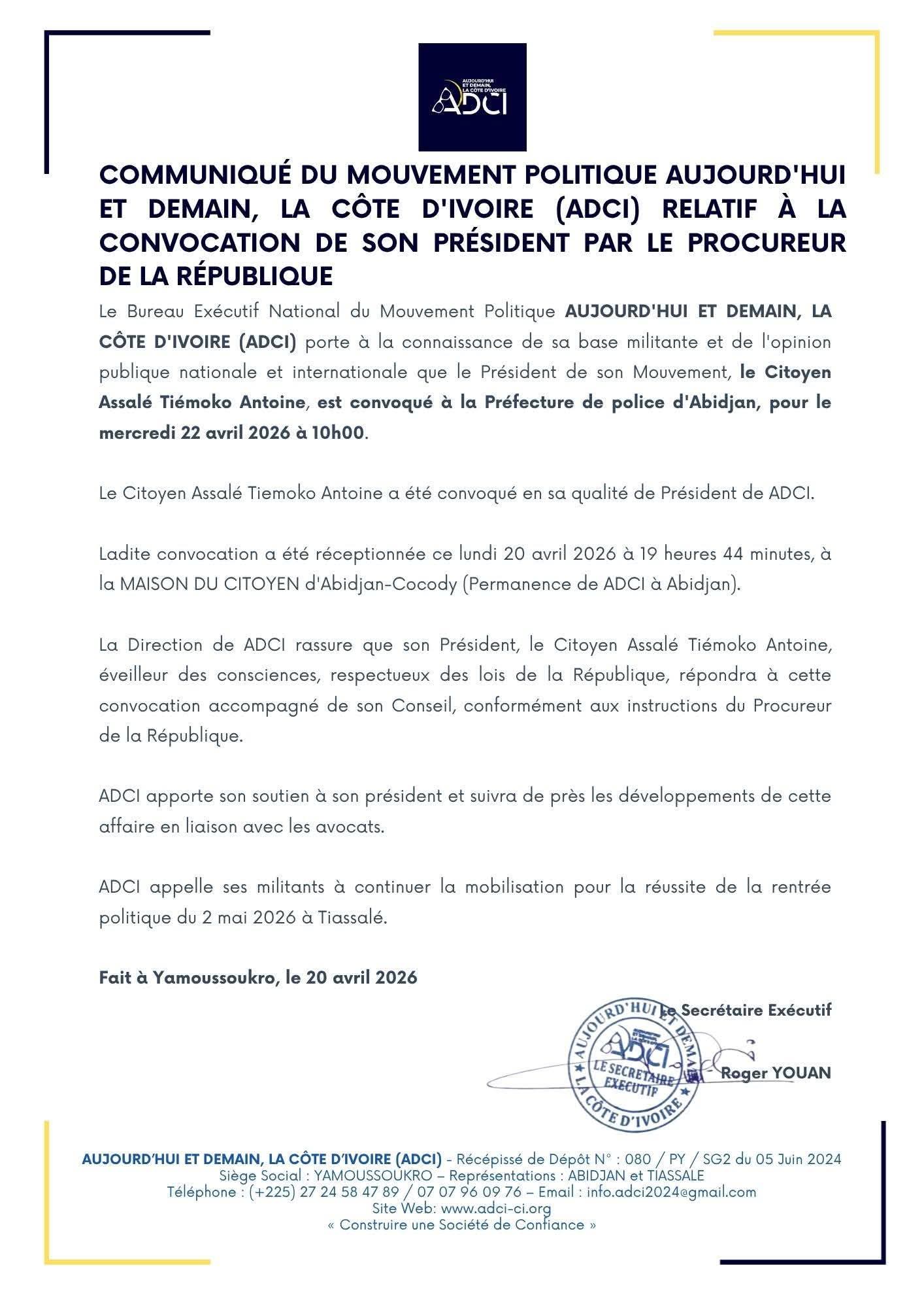 Politique/ Le député-maire de Tiassalé devant le procureur le mercredi ; les militants de l'Adci et des populations se mobilisent