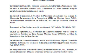 Côte d'Ivoire : Le Président de l'Assemblée nationale, Monsieur Adama BICTOGO, sera en France du 20 au 25 septembre 2022 : Le Communiqué de Presse