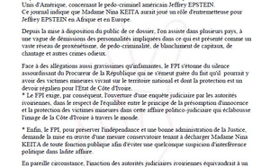L'Affaire Epstein éclabousse la Côte d'Ivoire : Le FPI exige une enquête sur la DGA de GESTOCI, Nina Keïta