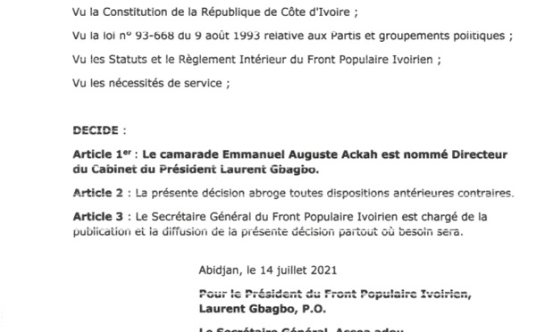 COTE D'IVOIRE : LAURENT GBAGBO NOMME EMMANUEL AUGUSTE ACKAH DIRECTEUR DE SON CABINET
